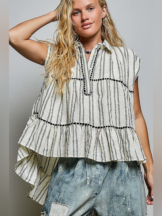 POL Tops - POL Striped Ruffle Collared Sleeveless Cotton Top